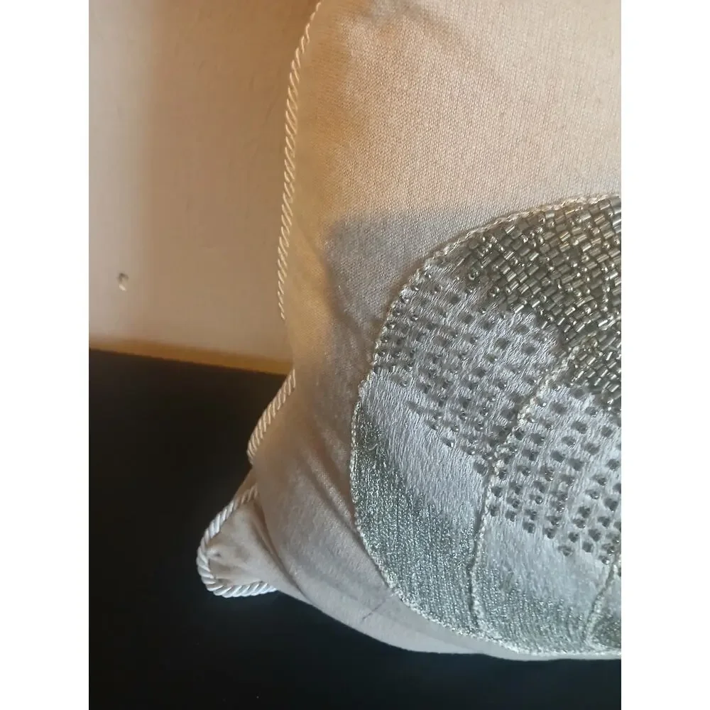 Beaded Pumpkin Throw Pillow Ivory Gold Fall Harvest Decor 14”x14”